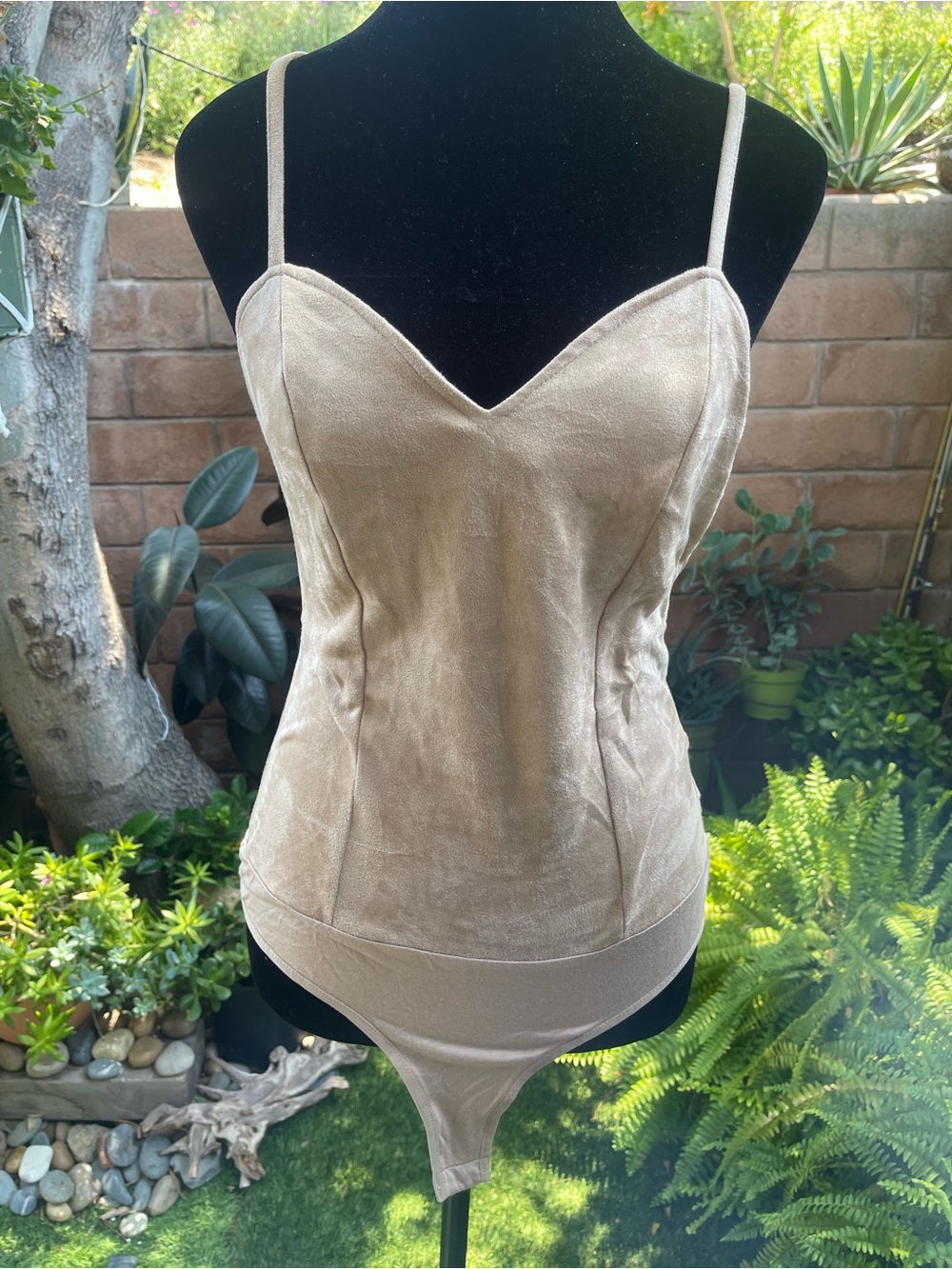 bebe Taupe Velvet Spaghetti-Strap Bodysuit